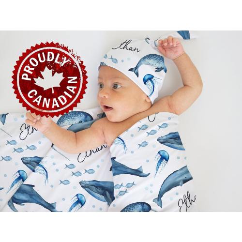 Personalized whale ocean jersey swaddle blanket | Baby boy receiving blanket | Nautical baby shower gift