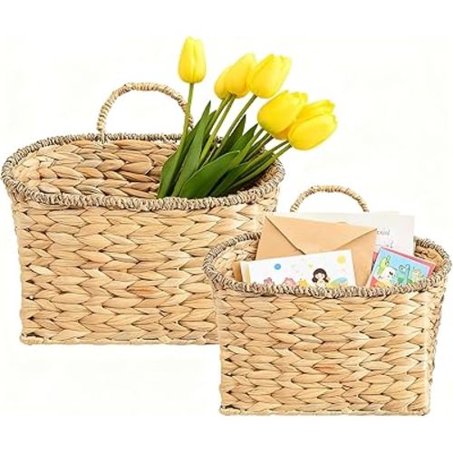 Set of 2 Woven Hanging Basket, Water Hyacinth Handmade Wicke Hanging Wall Baskets for Organizing, Front Door, Mail, Flowers-for Garden Farmhouse Home