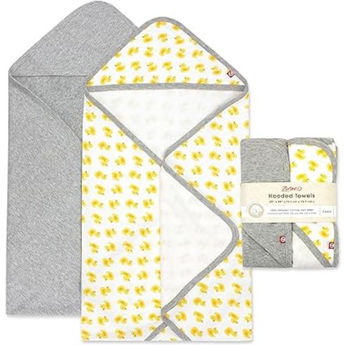 Zutano Hooded Baby Towels, Organic Cotton Baby Bath Towel, Ultra Soft and Absorbent Baby Towel for Newborn and Infant | Girl, Boy, and Unisex Towel Set, Rubber Duckies, 2-Pack