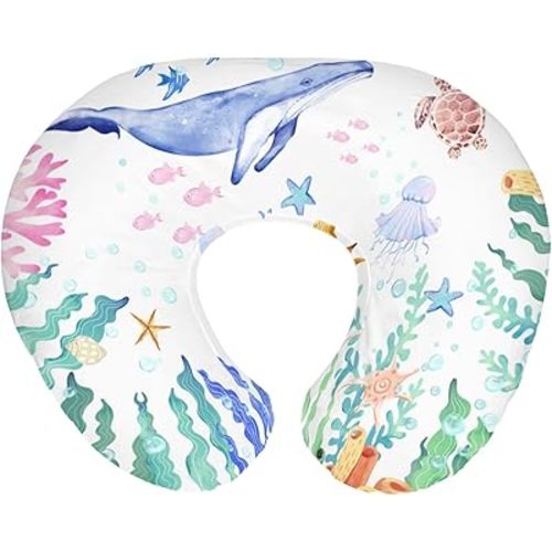 Colorful Ocean Animals Baby Nursing Pillow Covers for Boy Girl Whale Turtle Jellyfish Sea Horse Weeds Nursery Slipcovers for Breastfeeding Pillows Marine Life Soft Stretchy Cover for Newborn Infant