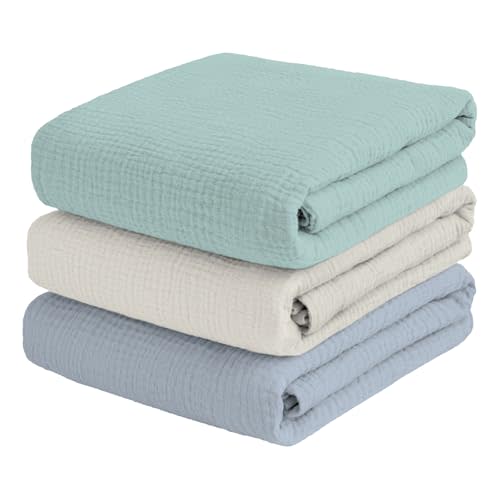 breebleep Muslin Swaddle Blankets for Baby Boy, Receiving Blankets for Boys Nursery Large 47 x 47 Inches Soft Breathable Cotton Blanket for Newborn 3 Packs, Sage Green, Cream White, Blue