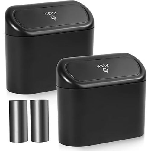 NBTEPEM Car Trash Can with Lid - 2 Pack, Mini Auto Garbage Can with 60 Trash Bags, Leakproof Automotive Garbage Container Bin, Multipurpose Organizers and Storage for Car, Home, Office (Black)