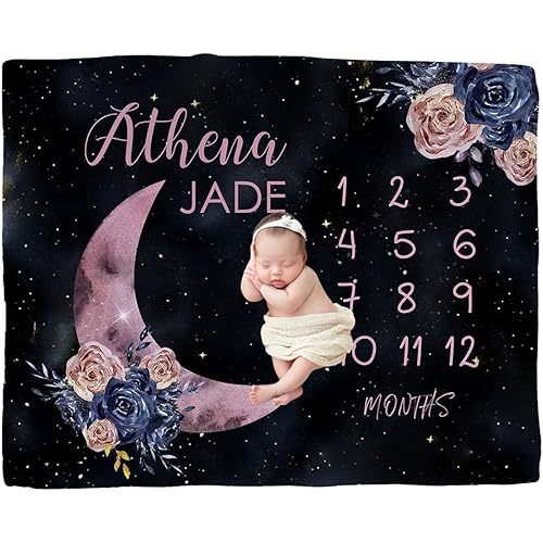 Custom Moon Baby Milestone Blanket for Girls – Personalized Name Monthly Growth Tracker, Soft Newborn Nursery Blanket & Shower Gift for Baby