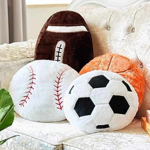 Juexica 4 Pcs Sports Throw Pillows Fluffy Stuffed Soccer Basketball Baseball Pillow Plush Toy Sport Cushion for Room Decor Birthday Present(Medium,Plush)