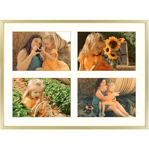 Golden State Art, 5x7 Aluminum Collage Frame, Displays 7x5 Pictures With 4 Openings Mat or One 12x16 Photo, Real Glass, Portrait/Landscape Wall Display, Gold, 1 Pack