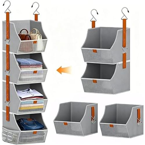 Fabric 4 Tier Hanging Closet Organizers Heavy Duty Shelf Hanging Storage Towel Clothes Sweater Jeans Bag Organizer For Closet For Bedroom,Dorm,RV,See Through Front Panel, Space-Saving (Grey-4Tier)