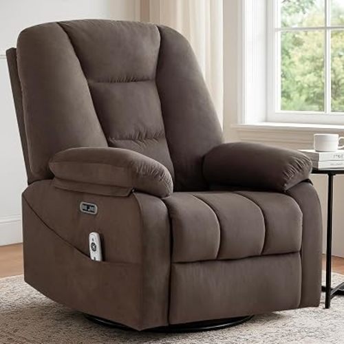 Power Swivel Rocker Recliner Chair for Adults, Electric Rocking Recliner with Massage and Heat for Living Room Bedroom, Fabric Reclining Sofa Chair with USB and Type-C Ports,Brown