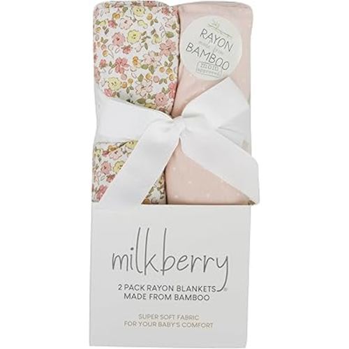 Milkberry 2 Pack Luxury Rayon of Bamboo Muslin Swaddle Blanket for Baby Girl Floral Pink Polka Dot, EJ1000007