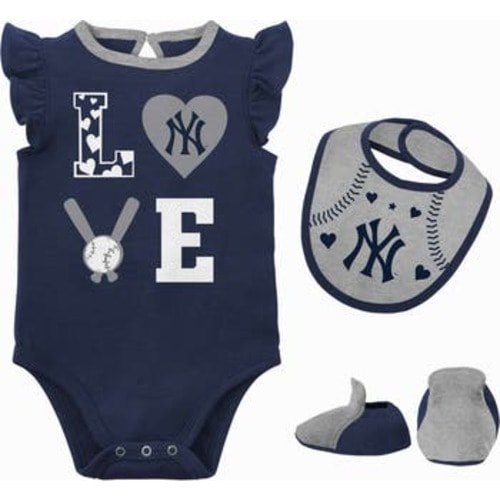 Newborn & Infant Navy/Heather Gray New York Yankees Three-Piece Love of Baseball Bib Bodysuit & Booties Set, 0-3M