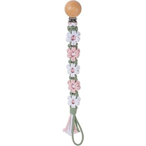 Pacifier Clip for Boys Girls Floral Daisy Macrame Baby Paci Clip Pacifier Holder Leash Boho Wooden Clips Handmade Braided Cotton Binky Clips (1pack:Misty Rose)