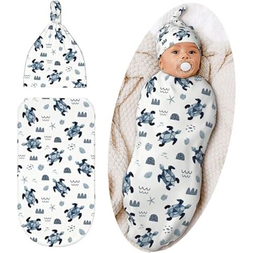 Lcokin Sea Turtle Baby Stuff Swaddle Blanket Set with Beanie Hat for Boys and Girls Shower Gift