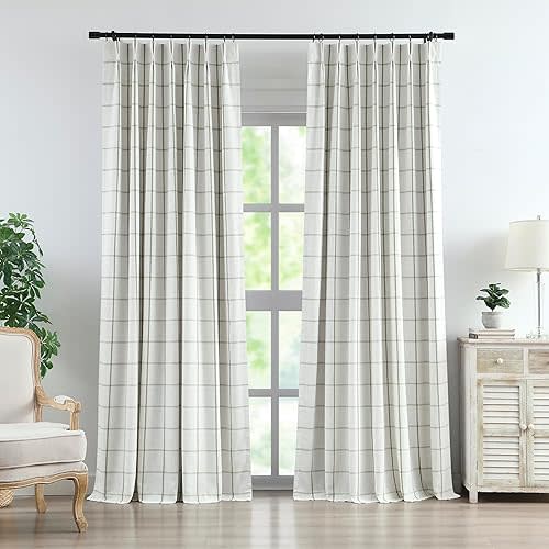 Vision Home Sage Green Plaid Linen Pinch Pleated Full Blackout Curtains Checkered Thermal Insulated Window Panels 90 inch for Bedroom Living Room Darkening Rustic Pleat Drapes with Hooks 40" Wx90 Lx2