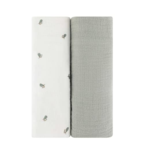 Ely's & Co. Muslin Swaddle Blanket 2-Pack — 100% Cotton Muslin Extra-Large Swaddle Blankets (47” x 47”) Solid + Printed (Sage Pear)