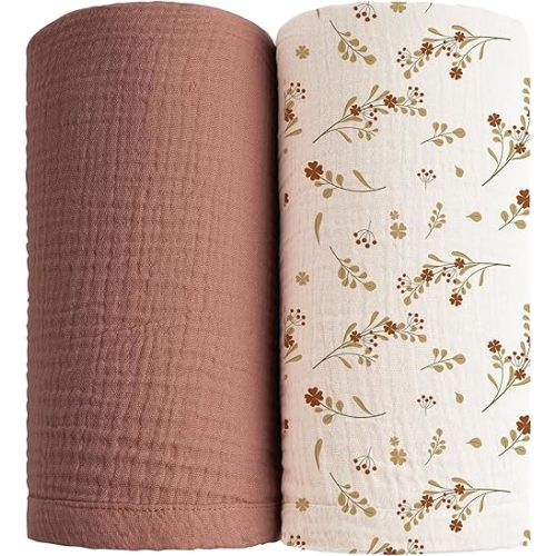 Konssy 2 Pack Muslin Swaddle Blankets for Baby Boys Girls, Receiving Blanket Large 47 x 47 inches, Soft Breathable Muslin Baby Blanket for Unisex Newborn(Chestnut, Posy)