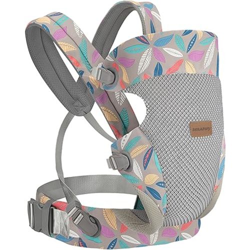SERAPHY Baby Carrier Newborn to Toddler, Ergonomic Infant Carrier, Breathable Mesh Baby Holder Carrier, Adjustable Front Facing and Backpack Carrier for Babies 0-24 Months up to 45lbs -Grey Leave