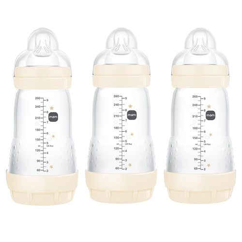 MAM 9oz Easy Start Anti-Colic Baby Bottles, Medium Flow, Breastfeeding-Like Silicone Nipple, Reduces Colic, Gas, & Reflux, Easy-to-Clean, BPA-Free, Baby Bottles for Newborns, 2+ Months