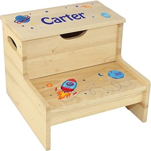 Custom Wood Storage Step Stool for Baby Toddler Boy - Rocket Space Ship Design and Name