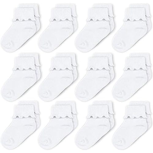 CozyWay Baby Girls Socks Ruffle Ripple Edge Turn Cuff Socks for Baby Toddler Girls | 12-Pairs