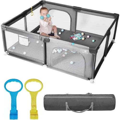 dearlomum Parc pour bébé extra large de 177,8 x 152,4 cm, parc pour bébés avec barrière, centre d'activités pour bébés de 0 à 6 à 12 mois, parc de sécurité robuste avec maille douce (gris)