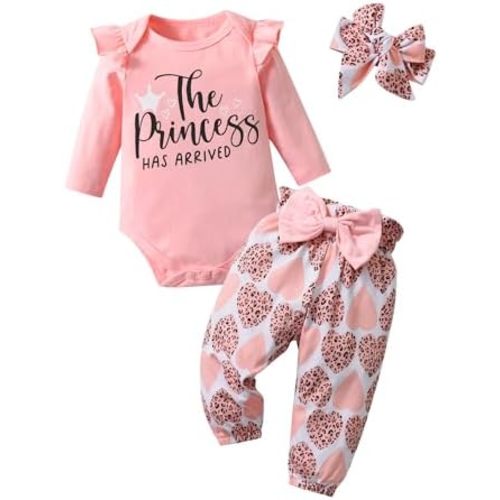 KuKitty Newborn Baby Girl Clothes Long Sleeve Letter Print Romper Bow Pants Headband Infant Girls 3Pcs Outfits Set