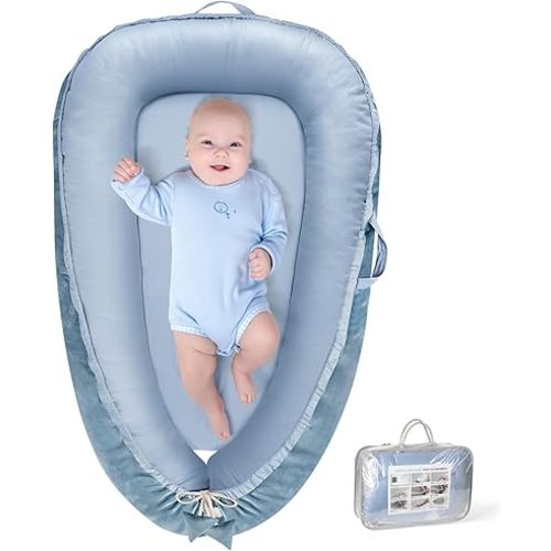 Baby Lounger - Baby Lounger for Newborn 0-24 Months, Breathable & Soft Cotton and Velvet Cover Co Sleeping Baby Nest, Baby Essentials & Shower Gifts, Portable Infant Lounger for Home and Travel