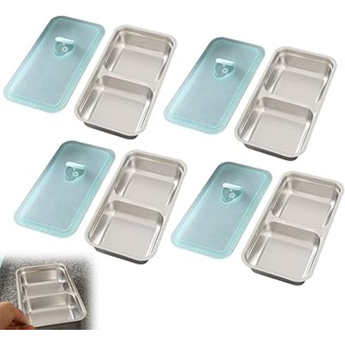 Grab and Go Snack Containers Reusable, Stainless Steel Double Compartment Snack Containers, Dishwasher- Reusable Condiment Containers with Lids, Snacks Dips Takeout Travel and Outdoor Camping (4Pcs)