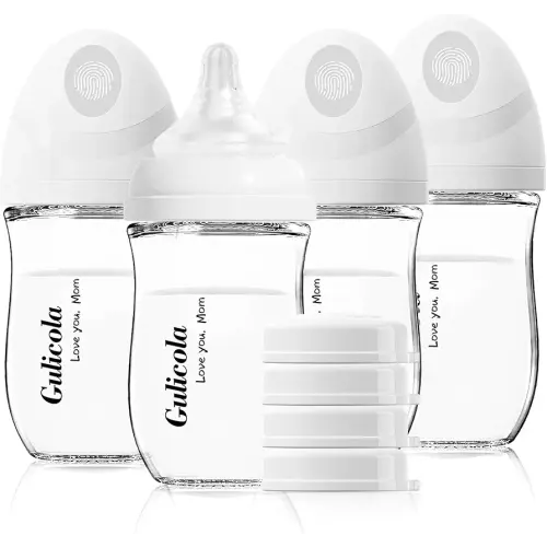 Gulicola Natural Glass Baby Bottle 4 Pack, Newborn Breastfeeding Bottles Set, Extra Slow Flow Nipples (SS), Anti Colic, 0 Months+, 5 oz - White