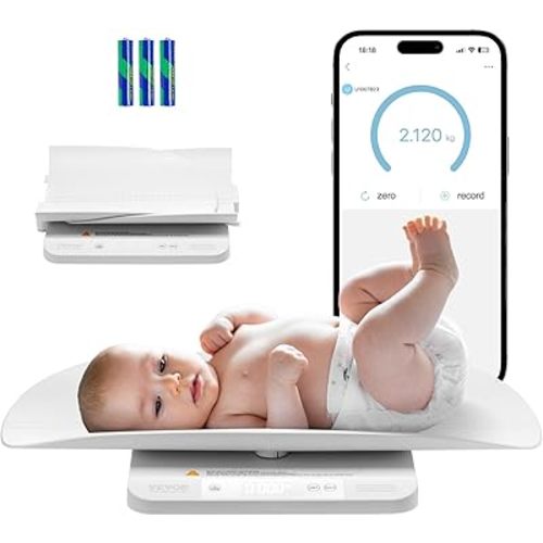 VEVOR Baby Scale, Smart Bluetooth Infant Weight Scale, 2-in-1 Digital Baby Scale for Weighing with Detachable Tray, Hold & Tare Function, 5 Units for Toddler, Pet, 66LBS Capacity (3 x Battery Include)