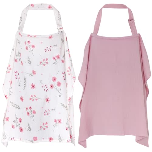 2 Pack Muslin Nursing Cover for Breastfeeding, 100% Cotton Soft Privacy Nursing Covers Apron Breastfeeding Cover with Arch Neckline for Women New Mom, Multi-use Breastfeeding Essentials