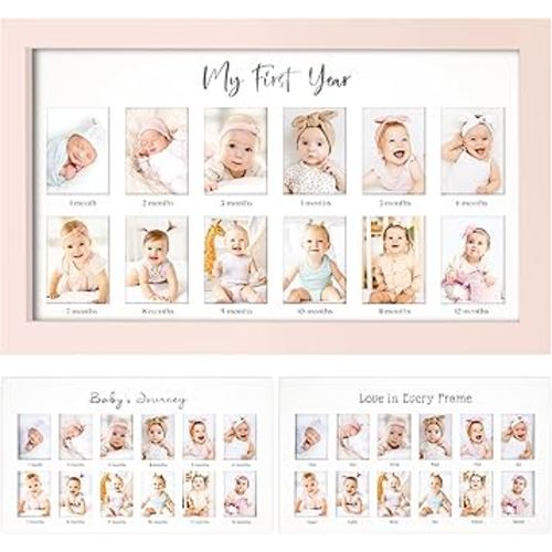 My First Year Photo Frame,12 Months Baby Picture Frame for Newborn Girl, Boy-Baby Shower Gifts Keepsakes,Monthly Baby's One Year Birthday Milestone,1st Nursery Photo Collage Display Board (Petal Pink)