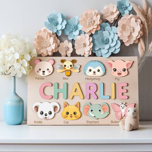 Custom Name Puzzle with Animals, Handmade Personalized Birthday Gift for Kids, Christmas Gift for Baby, Newborn Gift, First Birthday Gift