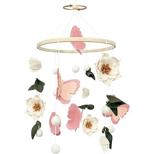 Teeloray Baby Mobile for Crib Flowers and Butterflies Crib Mobile for Girls Boys Handmade Floral Nursery Decor for Infant Bedroom Hanging Boho Baby Girl Room Decor Gender Neutral Newborn Gift