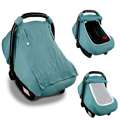 Muslin Car Seat Covers for Babies, Summer Baby Car Seat Cover for Boys Girls with Breathable Window, Lightweight Infant Car Seat Canopy, Blue