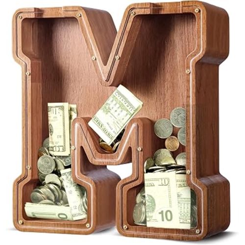 ELX Large Letter Piggy Bank for Kids Boys, Personalized Wooden Money Bank, Safe & Durable Savings Box for Toddlers Girls, Gifts for Birthday Holiday Christmas