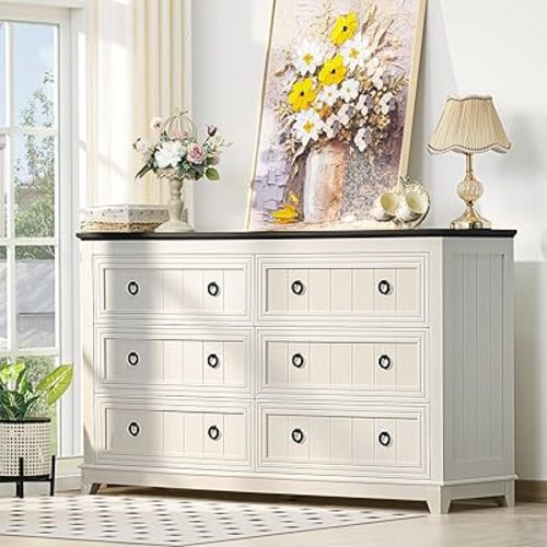 6 Drawers Dresser for Bedroom, Farmhouse 54 Inch Wide Wood Dresser Chest of Drawers, Vintage Design TV Stand, Rustic Storage Dressers Organizer for Bedroom, Living Room, Hallway