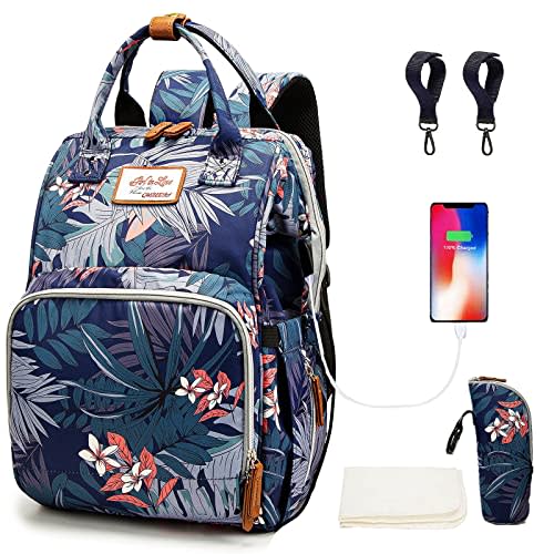 QWREOIA Floral Diaper Bag Backpack with USB Charging Port Stroller Straps and Insulated Pocket,Travel Nappy BackpackFor Women/Mum (Flower Pattern)