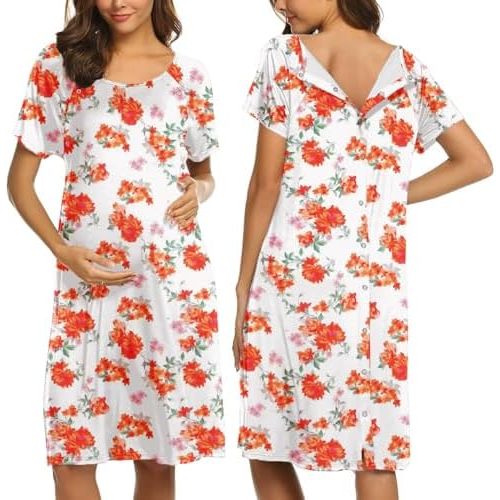 Ekouaer Women’s Nursing/Delivery/Labor/Hospital Nightdress Short Sleeve Maternity Nightgown with Button S-XXL