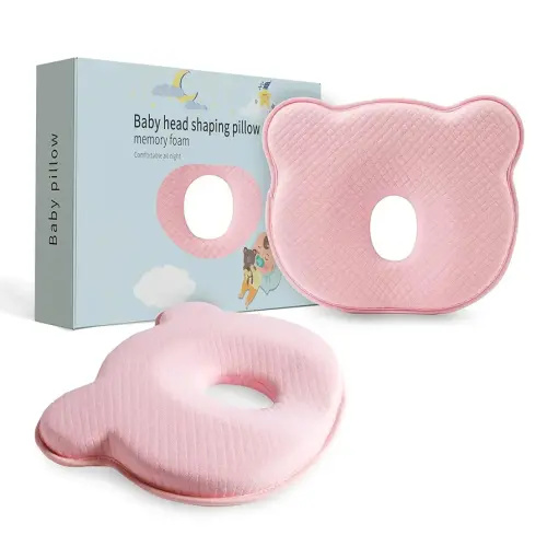 Soft and Breathable Baby Pillow with Memory Foam and Bear Design (Pink)