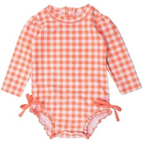 RuffleButts Baby Girls UPF 50+ Sun Protection Gingham Printed Long Sleeve One Piece Rash Guard Swimsuit with Zipper
