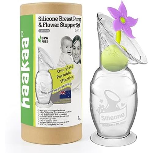 haakaa Manual Breast Pump Hand Pump Milk Pump Breast Milk Collector with Suction Base and Flower Stopper 100% Food Grade Silicone BPA Free (4oz/100ml) (Purple)
