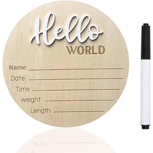 Baby Announcement Sign, 5.9 Inch Wooden Hello World Newborn Signs, Birth Announcement Sign, Baby Shower Hospital Nursery for Newborn Boys and Girls (White,Pen)