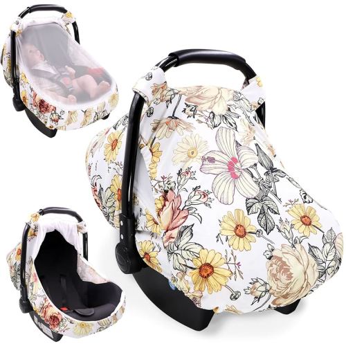 Floral Baby Car Seat Cover for Girl,Infant Carseat Canopy Sun Cover,Baby Carrier Cover with Zipped Peep Windows and Breathable Mesh, Stretchy 3in1Multi-use Stroller Cover