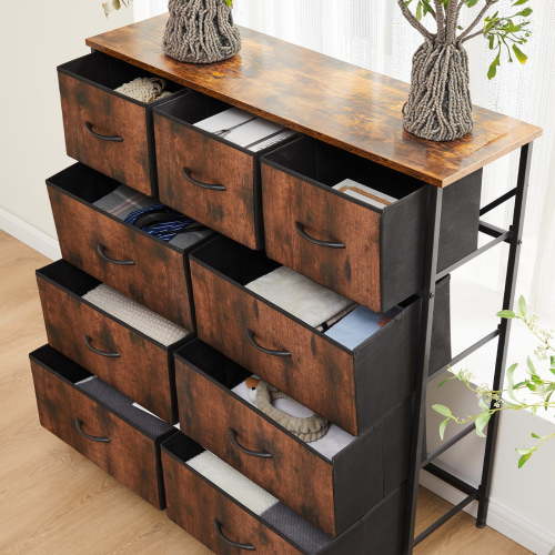 CONCETTA 9 Drawer Dresser for Bedroom, Tall Chest Organizer with Fabric Bins, Steel Frame, Rust Brown