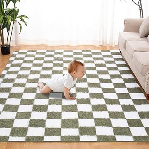 Super Soft Rug for Bedroom, 6x9 Ft Green and White Area Rug Classic Checkered Shaggy Rug Anti-Skid High Pile Soft Fluffy Rug Fuzzy Carpet for Living Room Bedroom Kids Room Nursery, Dorm Home Decor