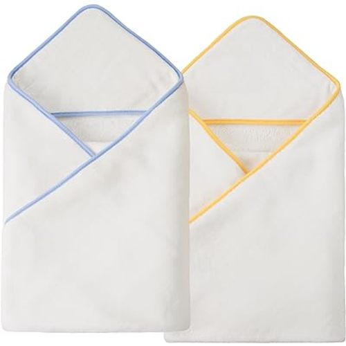 POLYTE Premium Hypoallergenic Microfiber Hooded Baby Bath Towel, 36 x 36 in, 2 Pack (White w/Yellow,Blue Trim)