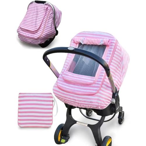 Car Seat Covers for Babies,Baby Car Seat Cover for Boys Girls, Windproof Infant Carseat Cover,Kick-Proof Car Seat Canopy with Breathable Mesh Peep Window(Pink Stripe)