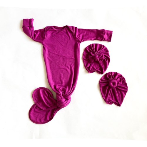 Baby knotted gown “Naomi” Raspberry with matching Turban,  Baby Gown, take home outfit, baby gift, baby turban