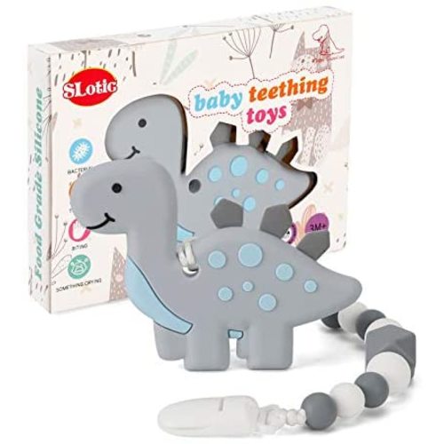 Slotic Baby Teething Toys, Dinosaur Teether Pain Relief Toy with Pacifier Clip Holder Set for Newborn Babies, Freezer Safe Neutral Shower Gift, Soft & Textured Stocking Stuffers for Boy and Girl - Grey Dinosaur