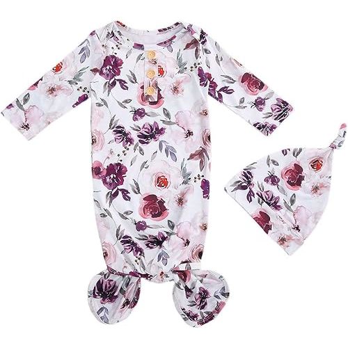 FIOMVA Newborn Baby Girl Boy Nightgowns Organic Cotton Gowns Knotted Sleeping Bag with Hat Coming Home Outfit for Unisex Baby
