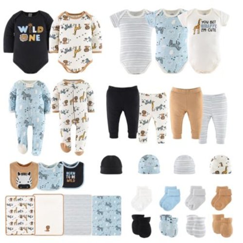 The Peanutshell Newborn Layette Gift Set for Baby Boys, Blue Safari, 30 Essential Pieces, 0-3 Months